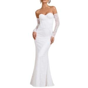 Club L 4 NEW Aniyah White Lace Maxi Dress Corset Fishtail Sheer Sleeves
